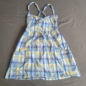 Bluenotes Summer Dress Womens L Blue Yellow Plaid Cottage Core Pockets Stretch